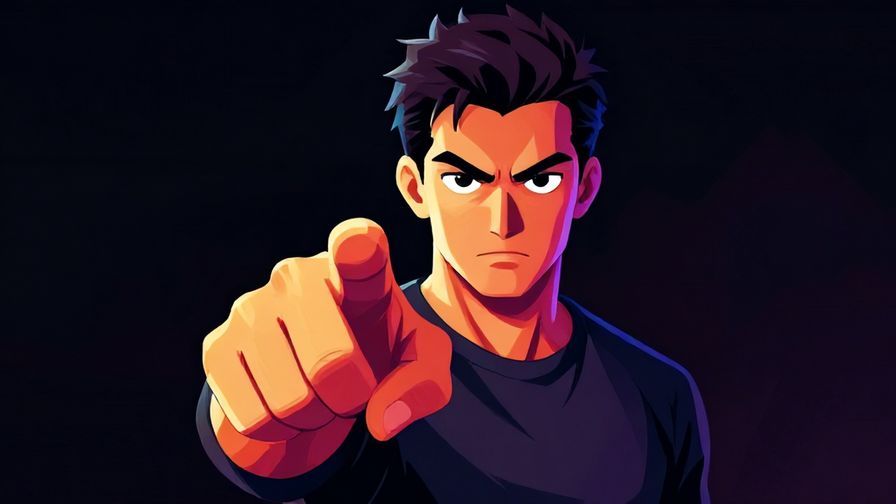 Illustration%20of%20a person with a stern expression, pointing a finger forward firmly, darkened background with sharp light contrast, vibrant colors, illustrated style