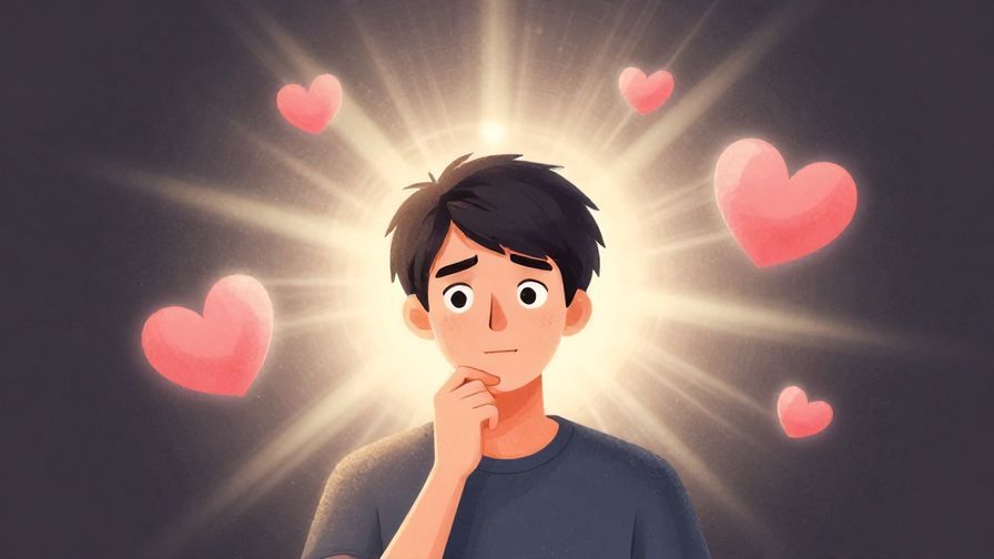 Illustration%20of%20a person with a thoughtful expression surrounded by floating hearts and soft light rays, detailed background
