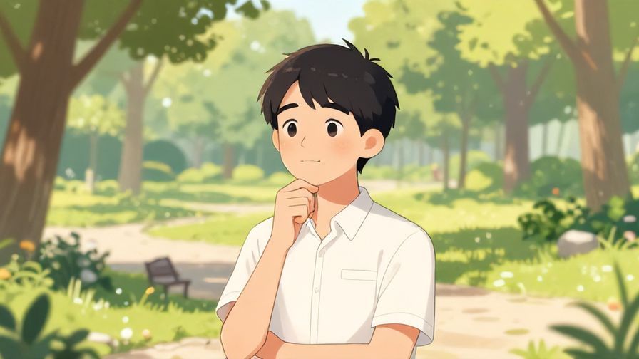 Illustration%20of%20a person with a thoughtful, polite expression, standing in a quiet park setting with soft sunlight, illustrated style