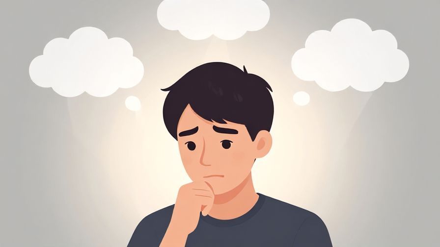 Illustration%20of%20a person with a thoughtful, slightly worried expression, soft background with floating clouds and light rays