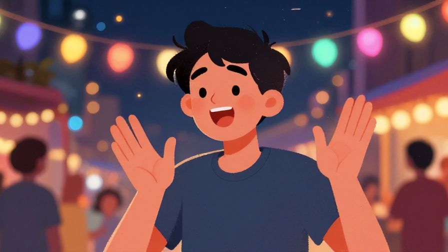 Illustration%20of%20a person with an excited expression, hands animatedly gesturing, bright colorful festival lights in background, lively and fun, illustrated style