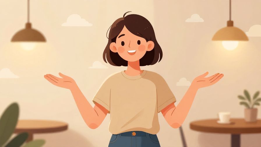 Illustration%20of%20a person with an open posture and friendly smile, standing in front of a cozy cafe, soft clouds and light rays in background, illustrated style