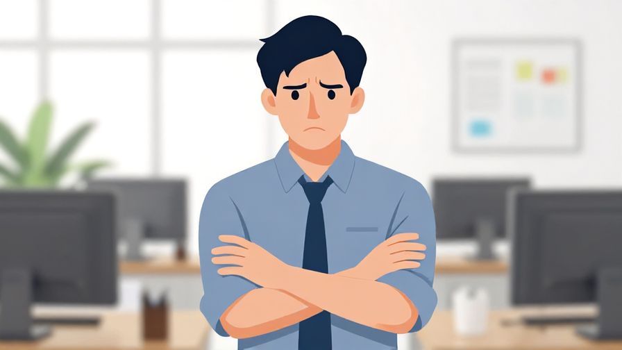 Illustration%20of%20a person with crossed arms shaking their head firmly, serious office background, illustrated style