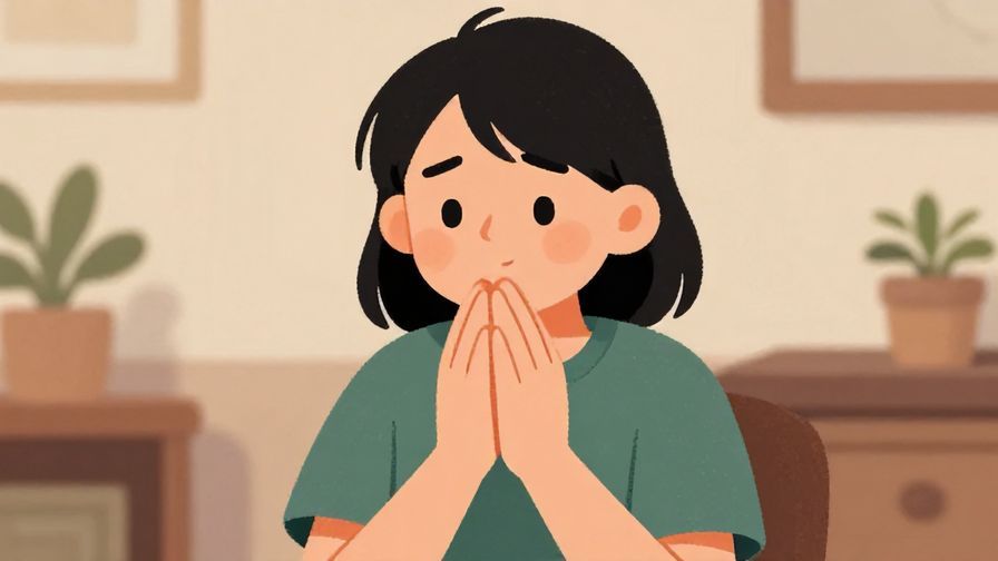 Illustration%20of%20a person with earnest expression, hands pressed together pleading, cozy room background, illustrated style