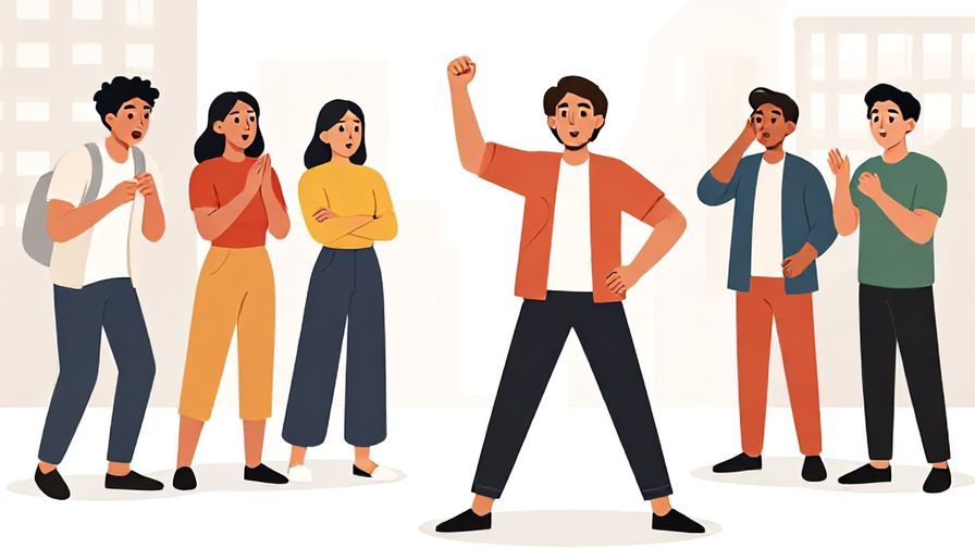 Illustration%20of%20a person with exaggerated confident pose, others looking shocked or amused in a casual urban setting