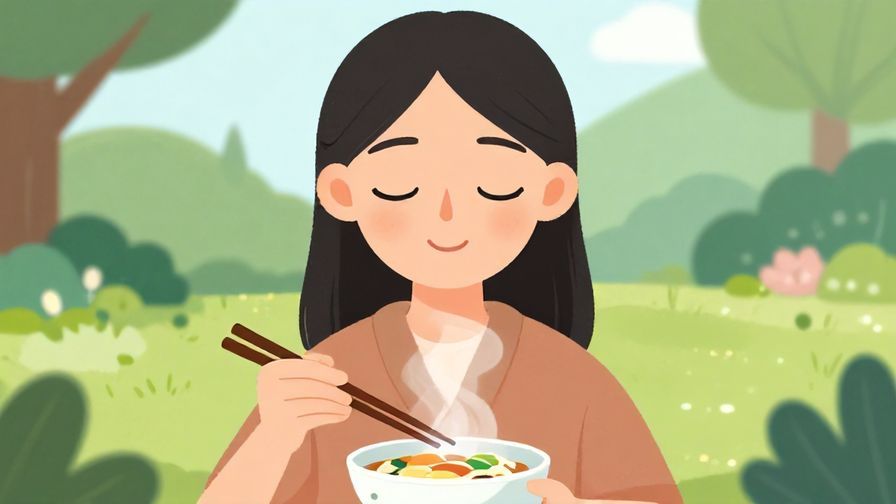 Illustration%20of%20a person with eyes closed and a gentle smile, holding chopsticks over a bowl of steaming food, set against a serene garden background.