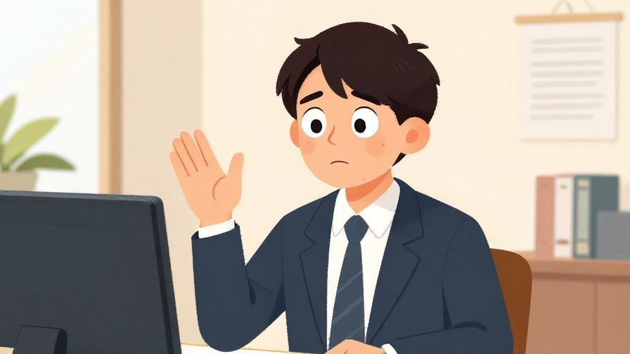 Illustration%20of%20a person with eyes wide open and hand raised in disbelief, in a formal office setting, bright colors, illustrated style