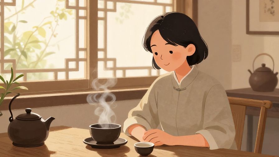 Illustration%20of%20a person with gentle eyes and a soft smile, seated in a traditional tea room, calming natural light, illustrated style