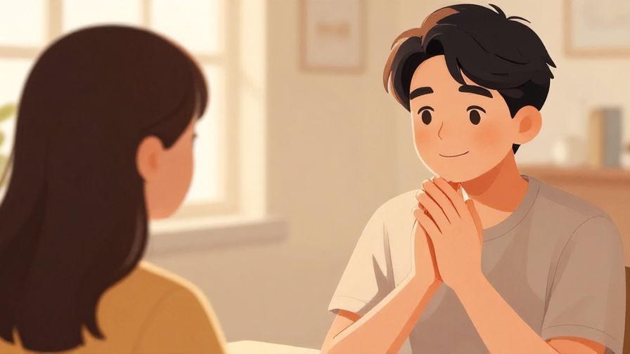 Illustration%20of%20a person with hands clasped in gratitude, looking sincerely at a friend, soft warm lighting, indoor setting