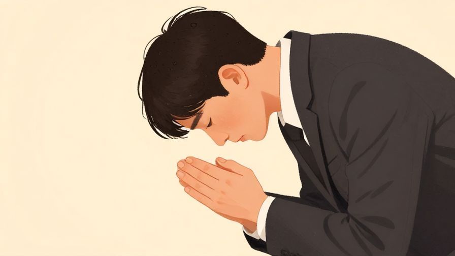 Illustration%20of%20a person with head bowed deeply, hands together, formal setting, warm tones, illustrated style