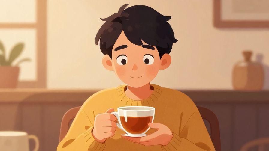 Illustration%20of%20a person with raised eyebrows and a slight smile, holding a cup of tea thoughtfully, cozy room atmosphere