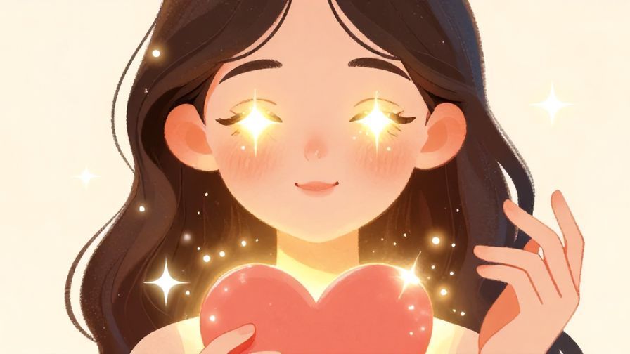 Illustration%20of%20a person with sparkling eyes holding a heart-shaped gift, surrounded by soft glowing lights, elegant and warm colors, illustrated style