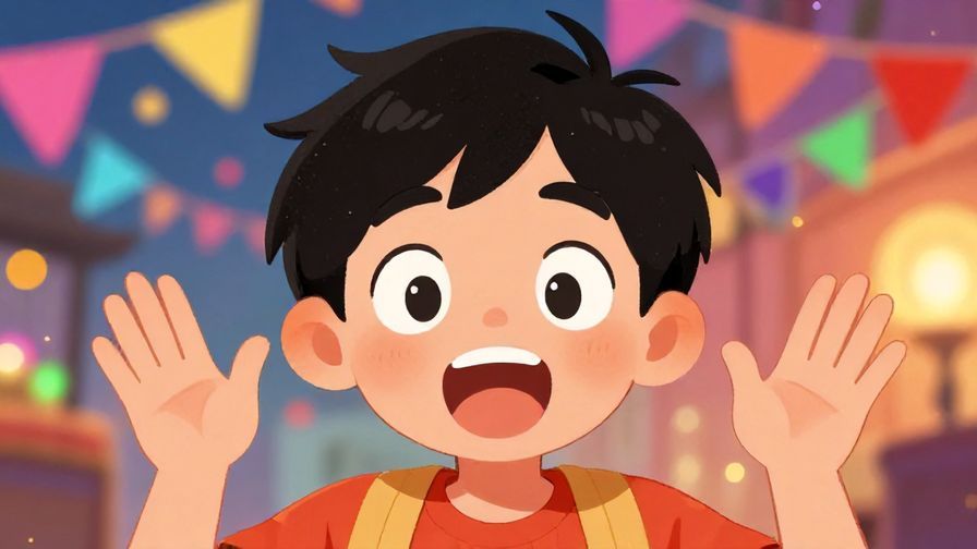 Illustration%20of%20a person with wide eyes and an excited expression, hands raised in enthusiasm, colorful festival background