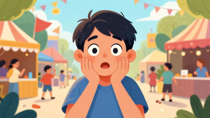 Illustration%20of%20a person with wide eyes and hands on cheeks in surprise at a minor accident, vibrant colors, street festival background, illustrated style