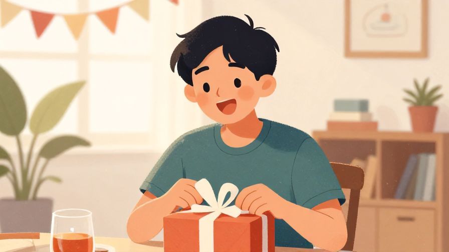 Illustration%20of%20a person wrapping a gift excitedly, casual room background with decorations and soft lighting, illustrated style