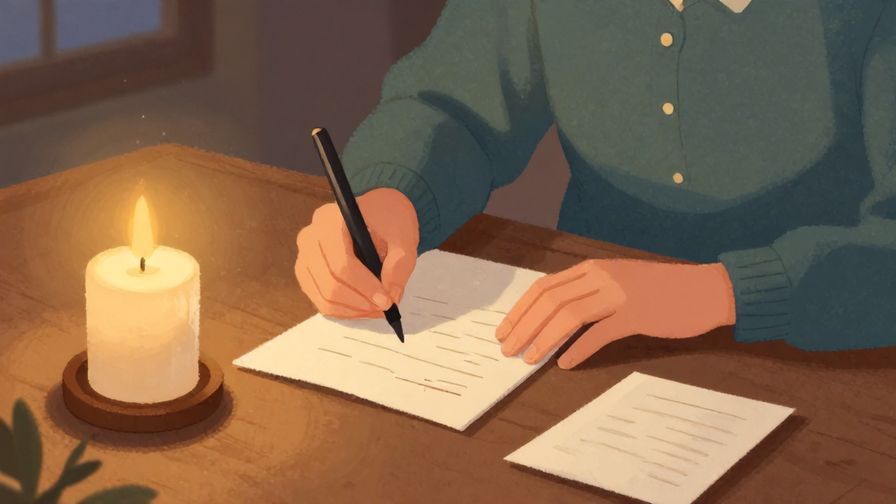 Illustration%20of%20a person writing a letter with soft candlelight, peaceful and warm colors, illustrated style