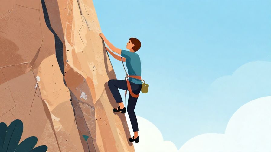 Illustration%20of%20a person%20climbing%20a%20steep%20rock%20face%20with%20focus%20and%20calm%2C%20clear%20sky%20background%2C%20vibrant%20colors%2C%20illustrated%20style