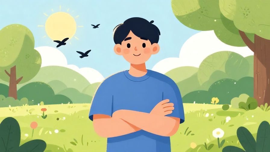 Illustration%20of%20a person%20crossing%20their%20arms%2C%20smiling%20confidently%2C%20with%20a%20sunny%20park%20background%20and%20birds%20flying%2C%20illustrated%20style