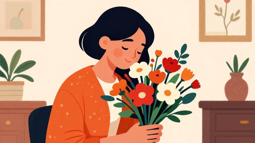 Illustration%20of%20a person%20gently%20sniffing%20a%20bouquet%20of%20flowers%20with%20a%20soft%20smile%20in%20an%20elegant%20room%2C%20vibrant%20colors%2C%20illustrated%20style