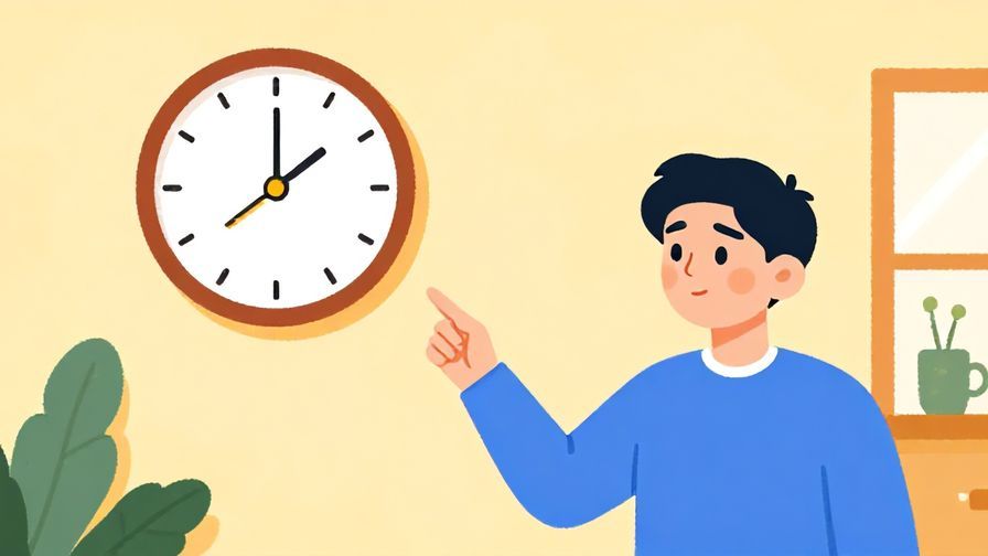 Illustration%20of%20a person%20gesturing%20towards%20a%20wall%20clock%20with%20a%20curious%20expression%2C%20home%20interior%2C%20vibrant%20colors%2C%20illustrated%20style