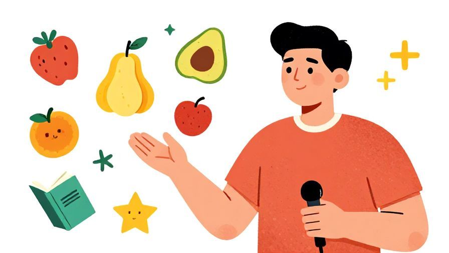 Illustration%20of%20a person%20giving%20a%20speech%20with%20a%20thoughtful%20expression%20and%20examples%20like%20fruits%20and%20books%20floating%20nearby%2C%20vibrant%20colors%2C%20illustrated%20style