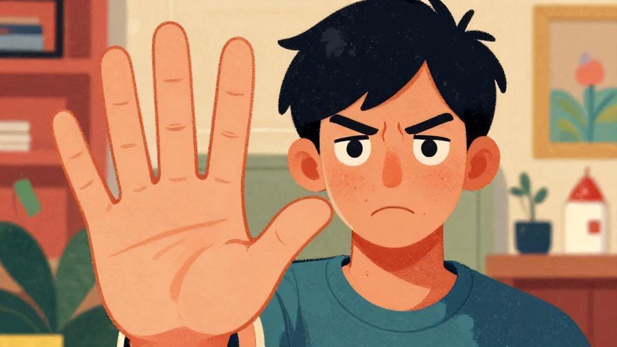 Illustration%20of%20a person%20holding%20up%20their%20hand%20in%20a%20stop%20gesture%20with%20a%20frustrated%20expression%2C%20detailed%20background%2C%20vibrant%20colors%2C%20illustrated%20style