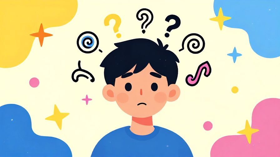 Illustration%20of%20a person%20looking completely bewildered with swirls and confusing symbols around their head, bright whimsical background with stars and abstract shapes