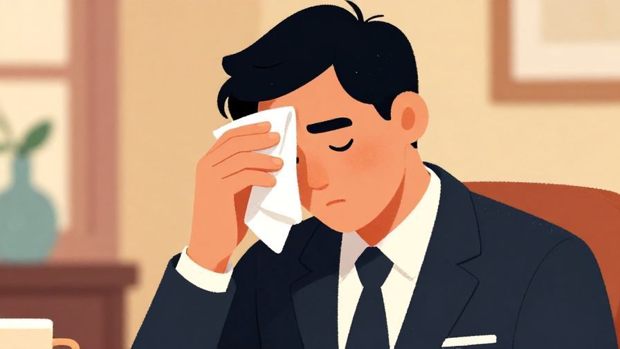 Illustration%20of%20a person%20looking exhausted%20and%20wiping%20their%20forehead%20with%20a%20handkerchief%20in%20a%20formal%20setting%2C%20vibrant%20colors%2C%20illustrated%20style