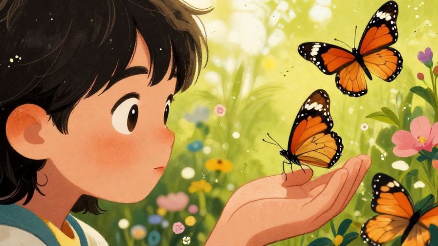 Illustration%20of%20a person%20looking%20curiously%20at%20a%20butterfly%20landing%20on%20their%20hand%2C%20detailed%20background%2C%20vibrant%20colors%2C%20illustrated%20style