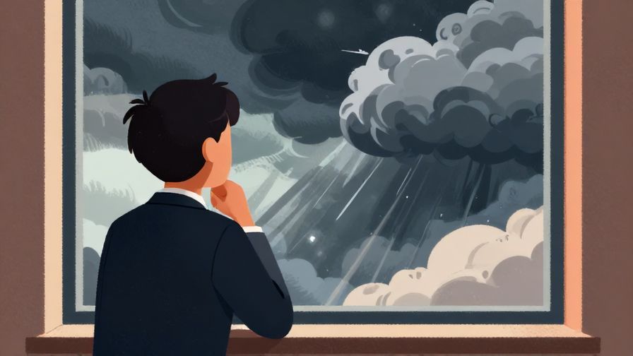 Illustration%20of%20a person%20looking%20out%20a%20window%20thoughtfully%20at%20approaching%20storm%20clouds%2C%20formal%20setting%2C%20vibrant%20colors%2C%20illustrated%20style