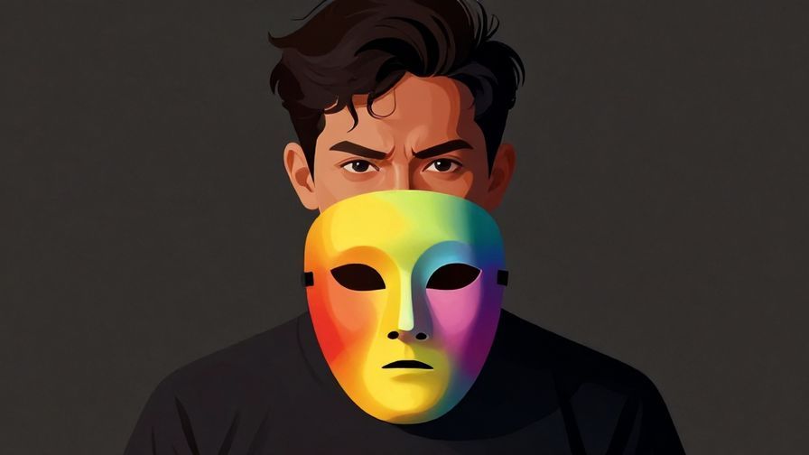 Illustration%20of%20a person%20looking%20serious%20while hiding%20a%20bright%20colorful%20mask%20behind%20their%20back%2C%20subtle%20lighting