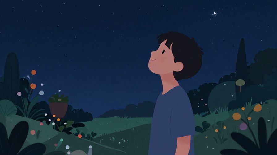 Illustration%20of%20a person%20looking%20up%20at%20a%20starry%20night%20sky%20with%20soft%20smile%2C%20peaceful%20garden%20in%20background