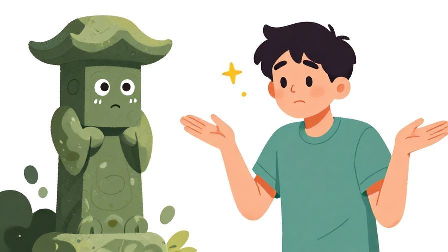 Illustration%20of%20a person%20shrugging%20and%20avoiding%20a%20mysterious%20shrine%20statue%20with%20a%20playful%20expression.%20Bright%20illustrated%20style