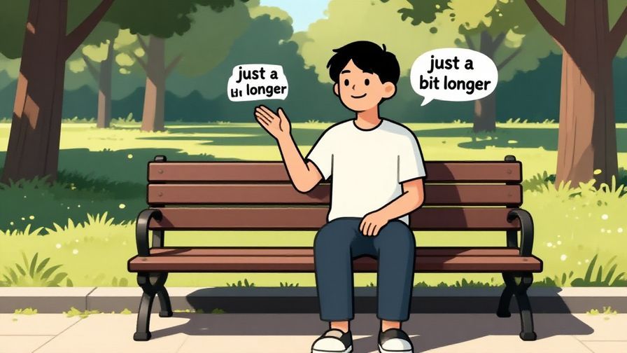 Illustration%20of%20a person%20smiling%20and%20gesturing%20“just%20a%20bit%20longer”%20while%20waiting%20on%20a%20bench%20in%20a%20park%20under%20sunlight.