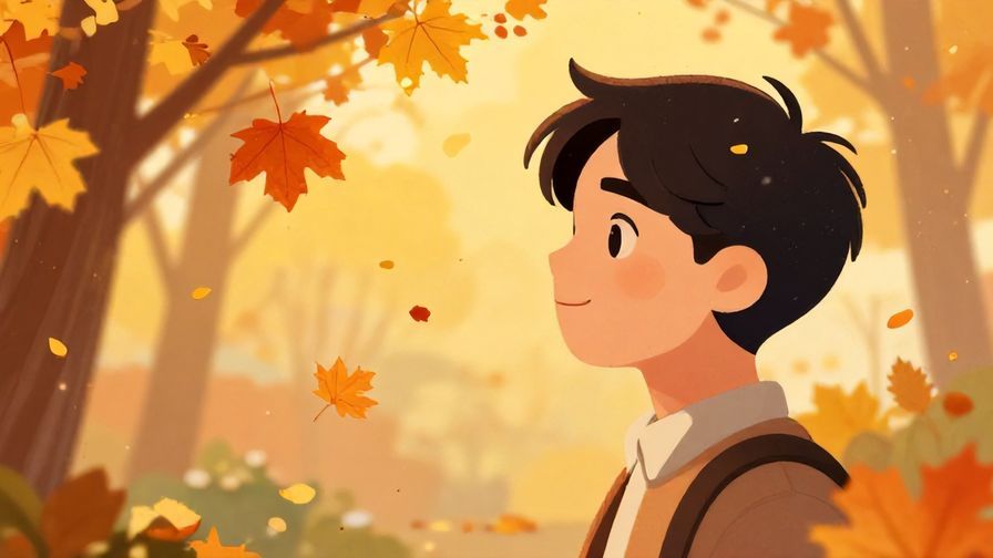 Illustration%20of%20a person%20smiling%20softly%20as%20they%20look%20at%20falling%20autumn%20leaves%2C%20detailed%20background%2C%20vibrant%20colors%2C%20illustrated%20style