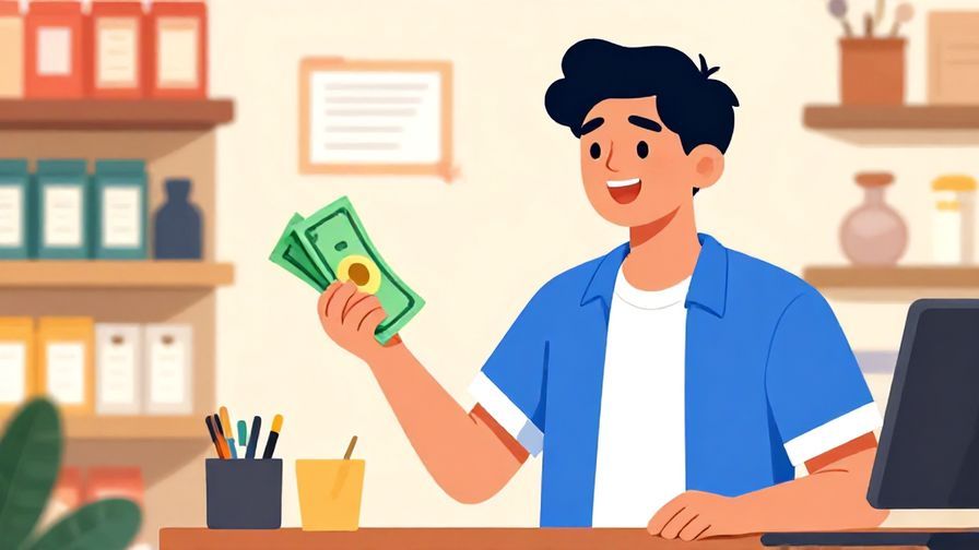 Illustration%20of%20a person%20smiling%20while%20handing%20cash%20with%20a%20slight%20explanation%20gesture%20in%20a%20shop%20setting%2C%20vibrant%20colors%2C%20illustrated%20style