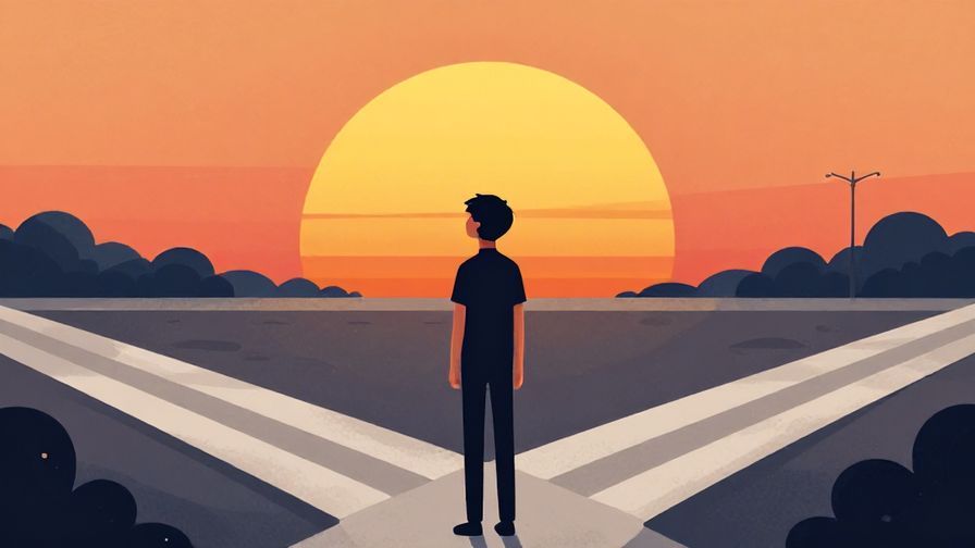 Illustration%20of%20a person%20standing%20at%20a%20crossroads%20looking%20thoughtful%20under%20a%20setting%20sun%2C%20detailed%20background%2C%20vibrant%20colors%2C%20illustrated%20style