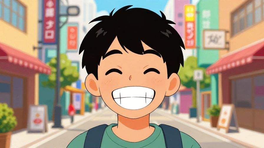 Illustration%20of%20a person%20with%20a%20big%20grin%20and%20raised%20eyebrows%20in%20a%20colorful%20downtown%20street%20scene%20in%20Kansai%20style%2C%20vibrant%20colors%2C%20illustrated%20style