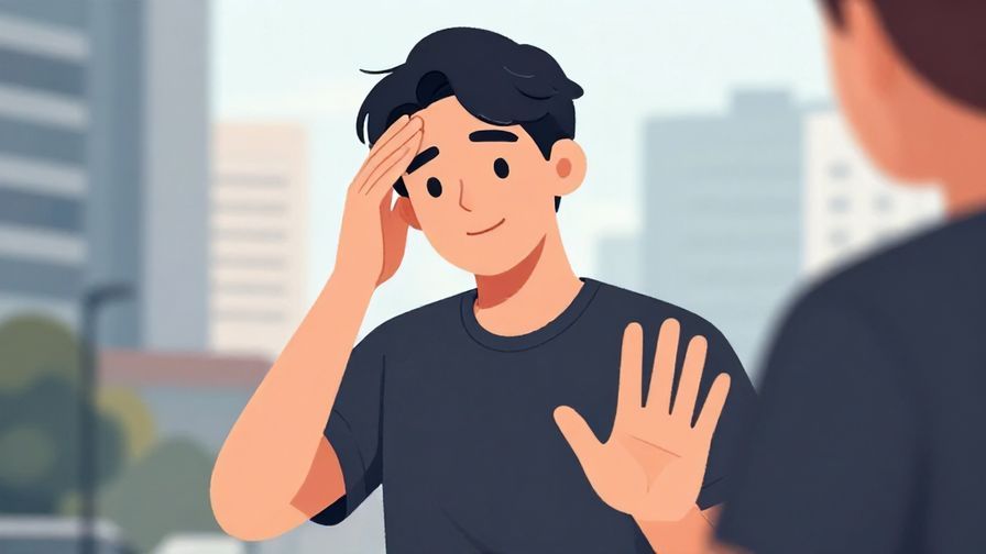 Illustration%20of%20a person%20with%20a%20half-smirk%2C%20shaking%20their%20head%20lightly%20while%20gesturing%20to%20stop%20someone%27s%20speech%2C%20urban%20background