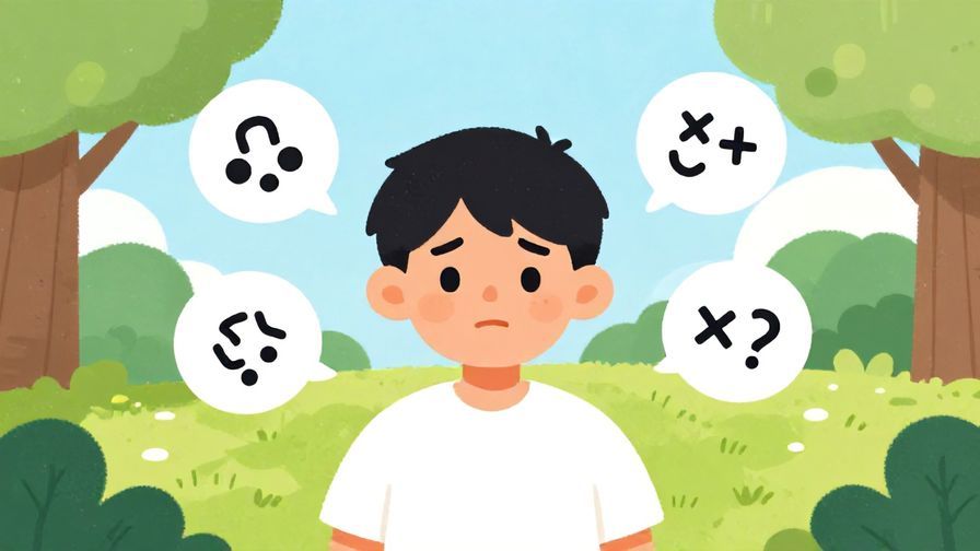 Illustration%20of%20a person%20with%20confused%20expression%20and%20speech%20bubbles%20with%20jumbled%20symbols%20around%20them%20in%20a%20colorful%20park%20setting