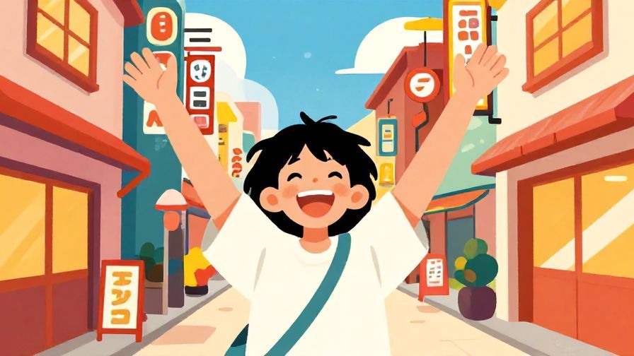 Illustration%20of%20a person%20with%20hands%20raised%20and%20laughing%20in%20a%20colorful%20Kansai%20street%2C%20vibrant%20colors%2C%20illustrated%20style