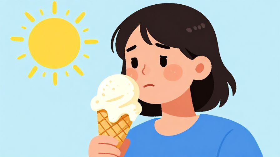 Illustration%20of%20a person%20with%20melting%20ice%20cream%20and%20a%20droopy%20expression%20under%20the%20sun%2C%20vibrant%20colors%2C%20illustrated%20style