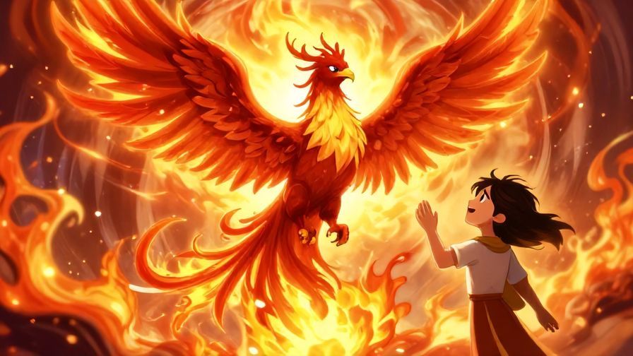 Illustration%20of%20a phoenix rising from ashes with vibrant flames and a hopeful character watching, bright and dynamic colors