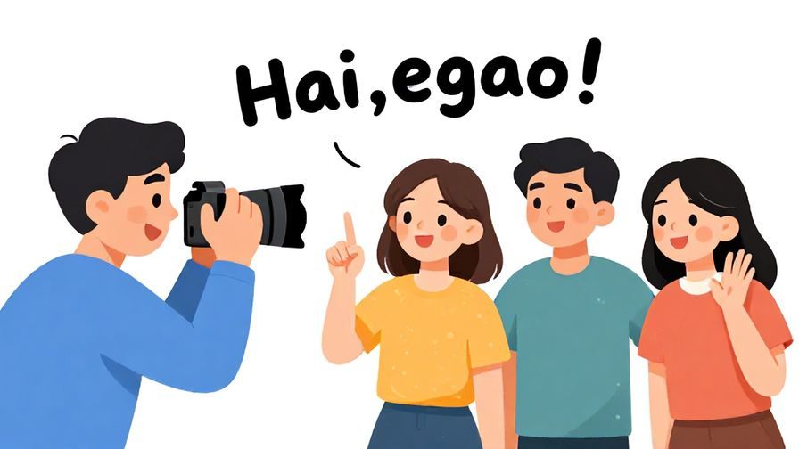 Illustration%20of%20a photographer cheerfully saying “Hai, egao!” with a finger raised, subjects smiling eagerly