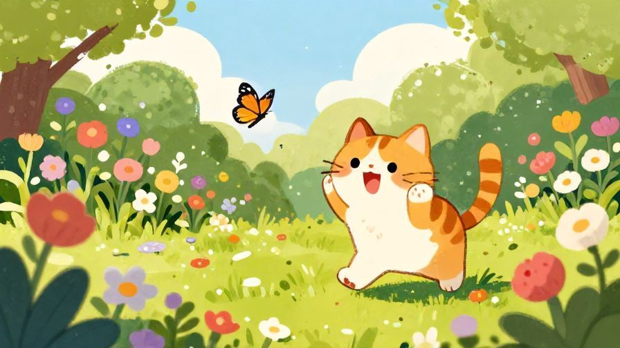 Illustration%20of%20a playful cat exploring a garden with bright flowers and butterflies, lively and joyful atmosphere, vibrant colors, illustrated style