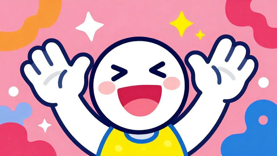 Illustration%20of%20a playful character waving hands with a big smile, vibrant colors, stars and abstract shapes in background, illustrated style
