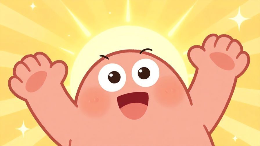 Illustration%20of%20a playful character waving hands with a bright sunrise behind, cheerful and fun mood