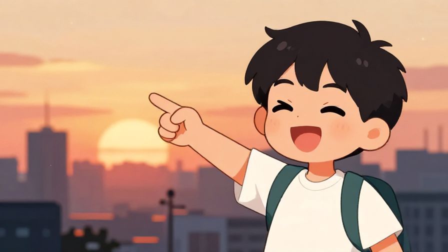 Illustration%20of%20a playful character winking and pointing, sunset cityscape background, warm colors and lively atmosphere