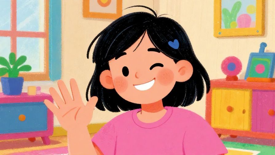 Illustration%20of%20a playful character with a cheeky grin and hand wave in a colorful room, vibrant colors, illustrated style