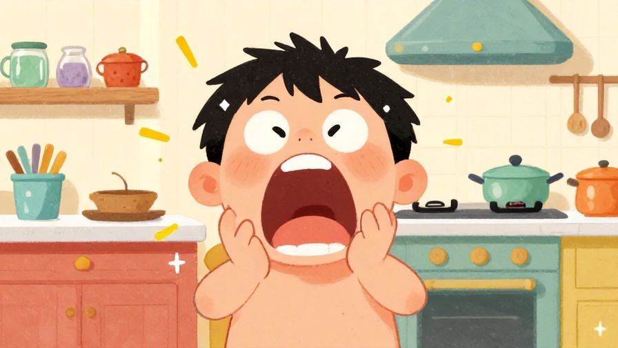 Illustration%20of%20a playful character with exaggerated hungry expression, stomach growling sounds visualized, colorful kitchen background, illustrated style